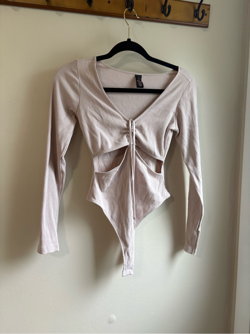 Victoria's Secret Long Sleeve Tie-Front Cutout Bodysuit in Light Taupe